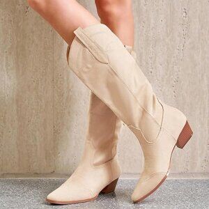 NEW! Womens Cowboy Western Boots with Embroidered Square Toe Chunky Heel-NUDE